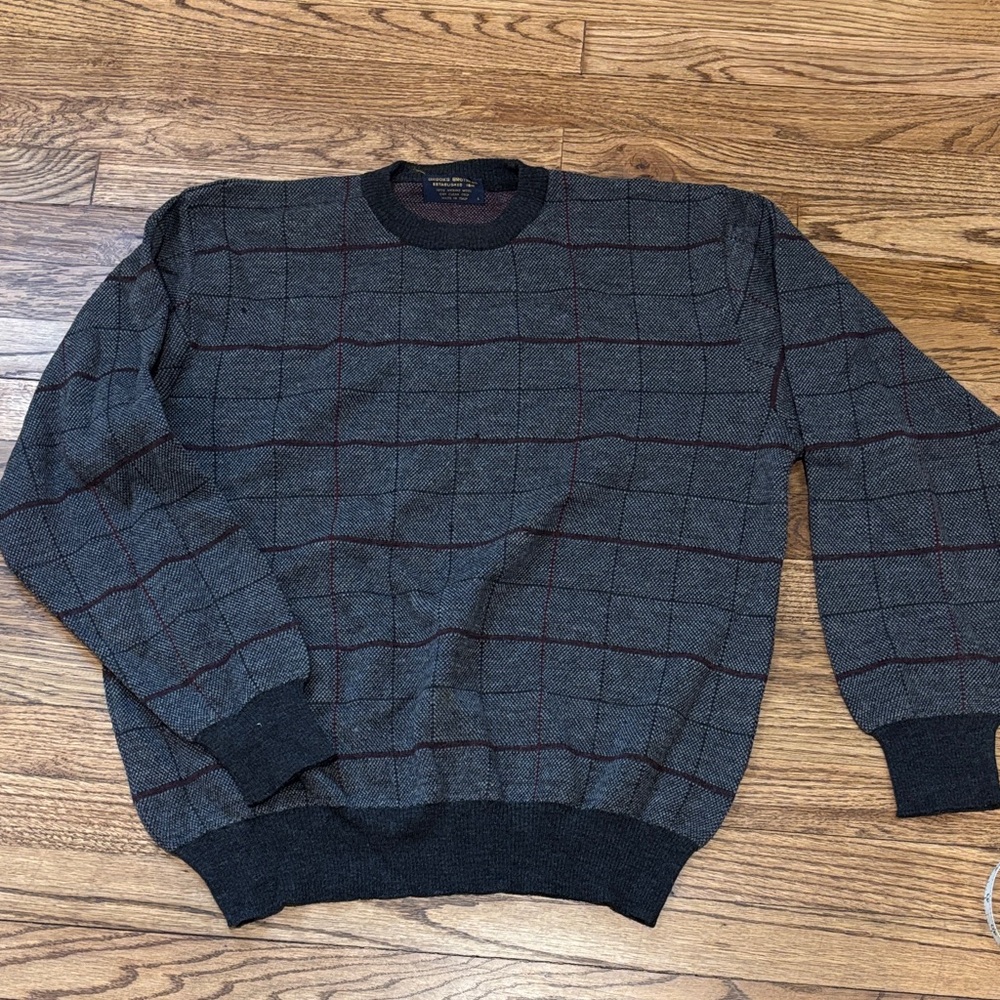 Brooks Brothers Merino Wool Men's Gray Checkered Sweater, L